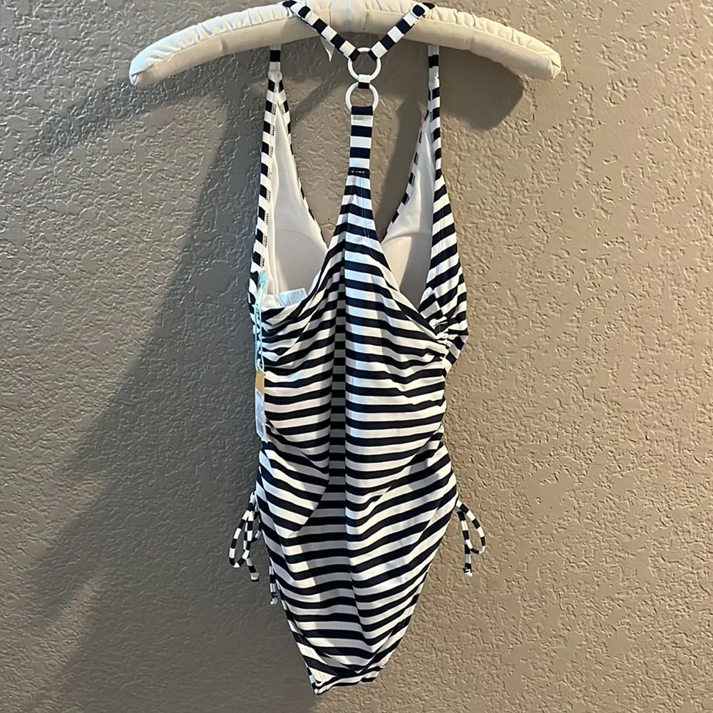 Kona Sol Swim Suit Bathing Suit High Coverage One Piece Navy Blue Stripes - Picture 5 of 8